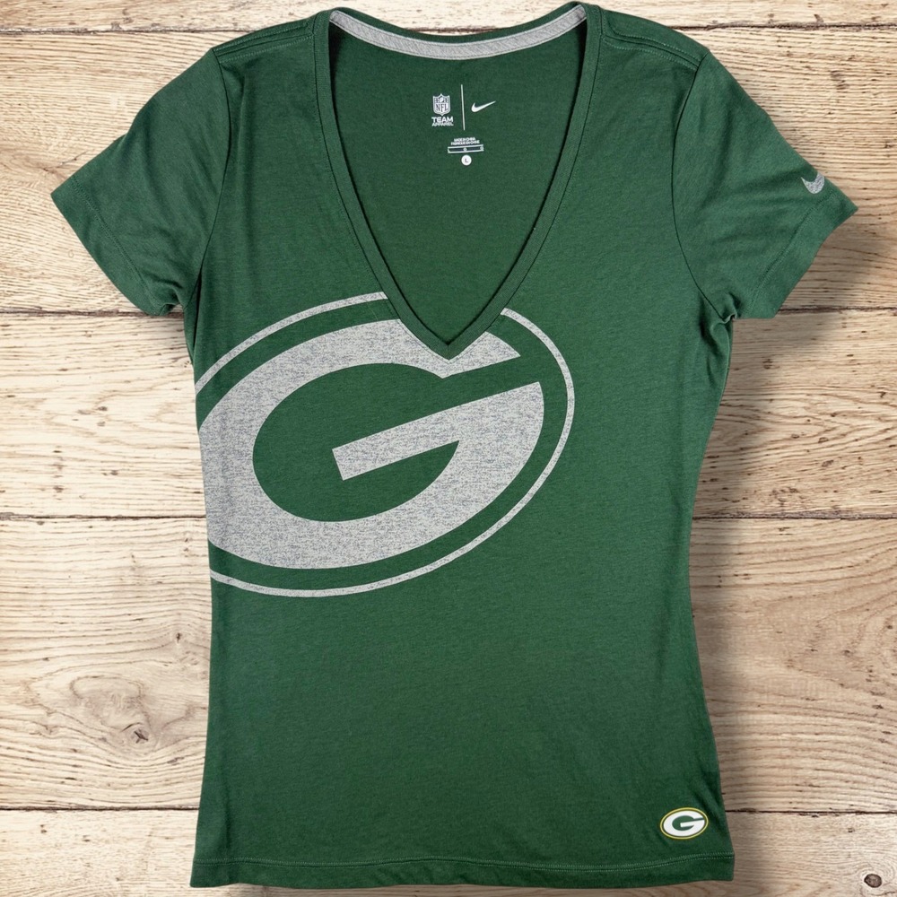 NIKE Womens Green Bay Packers NFL‎ Team Apparel V-Neck Tee T-Shirt Size L